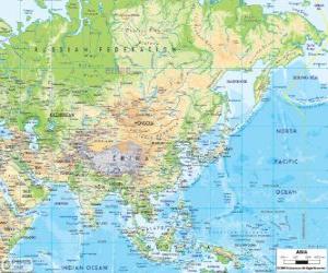 yapboz Harita Asya ve Rusya. Asya kıtasının en büyük ve Dünya'nın en kalabalık olduğu